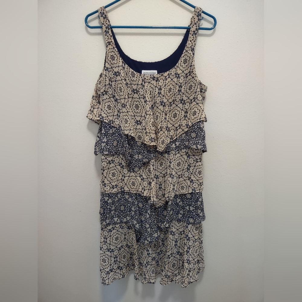 Bethany Size 10 Dress Geometric Layered Sleeveless Shift Navy Blue Tan Dress